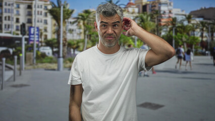 Fototapeta premium Man touching ear with hand behind head, wincing on a sunny street lined with palm trees and waterfront buildings; confusion doubt.