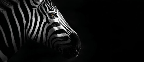 Fototapeta premium Zebra head showing distinctive stripe pattern and striking amber eye, standing out against a deep black background