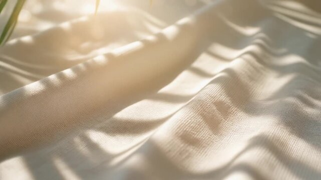 Soft sunlight cascades onto a gracefully draped beige fabric, creating intricate shadow patterns and a tranquil, textured background that evokes a serene and inviting atmosphere