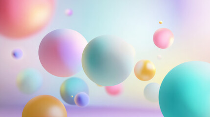 Fototapeta premium Vivid pastel spheres float, forming a dynamic and abstract background. The dreamlike concept is enhanced by the soft gradient colors that seamlessly blend together