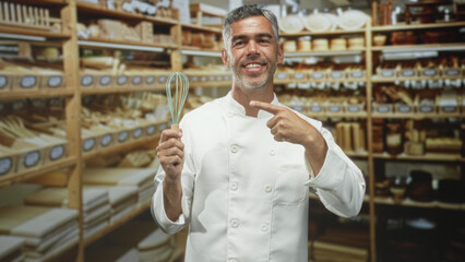 Fototapeta premium Man chef in pantry building smiling holds whisk and points finger to whisk; confidence craft expertise.