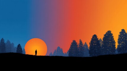 Man silhouette standing on hill looking at sunset. Evening landscape with large sun and trees, abstract gradient sky background.