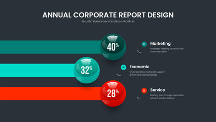 Marketing Plan Three Option Graph Presentation Design. Sales Report 3 Element Diagram Slideshow Template. Enterprise Innovation Frame Layout Vector Illustration.