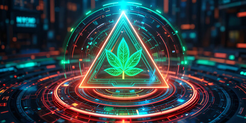 Futuristic digital  glowing holographic green leaf at the center, surrounded by circular HUD interface elements and digital rings,  layers neno line create dynamic Triangle isometic design.