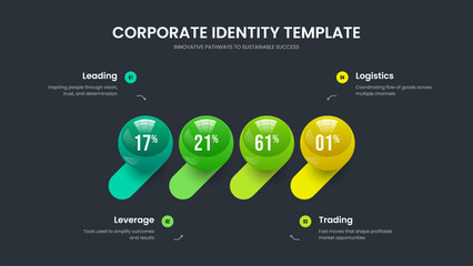 Colorful Growth Four Option Diagram Slideshow Design. Elegant Introduction Frame Template Vector Illustration. Professional Solution 4 Element Chart Slide Layout.