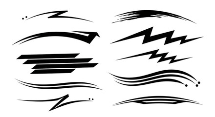 Obraz premium Speed Lines, Racing Stripes, Lightning Bolts Vector Graphics Set for Automotive, Sports, and Modern Web Design
