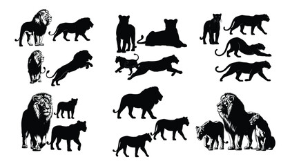 Fototapeta premium Collection of lion and lioness silhouettes
