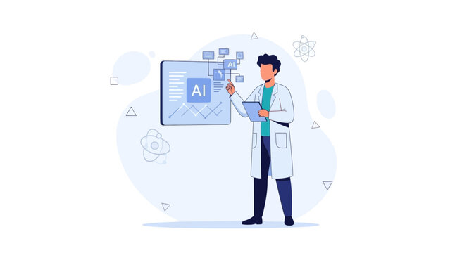 Scientist presenting AI technology with data visualization on screen