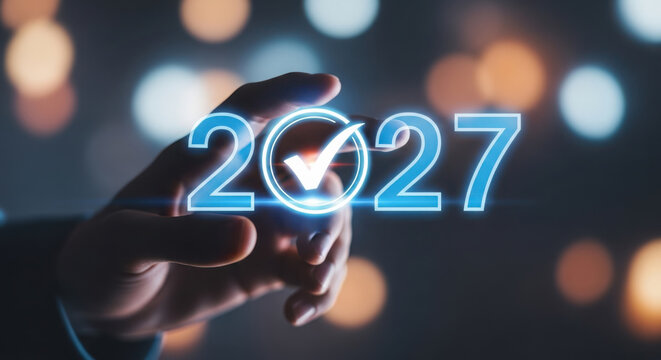 A hand holding the year 2027 with a glowing blue effect