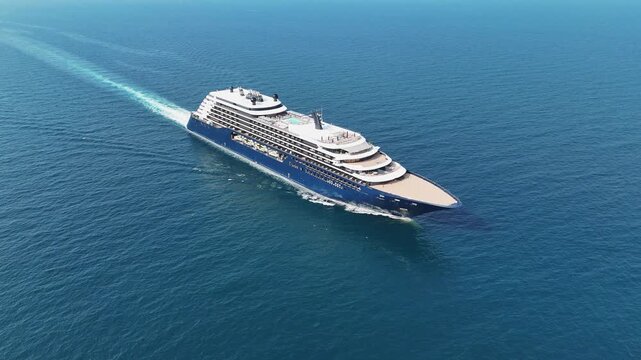 large luxury cruise ship sailing in the deep blue ocean. Colorful passenger vessel deck featuring swimming pools, water slides, and solar panels. Summer vacation travel concept tourism travel 