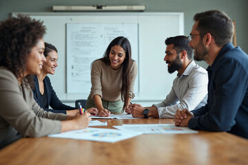 Fototapeta premium Smiling diverse colleagues working together on creative project in bright loft office
