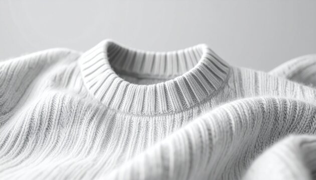Cozy White Sweater: A close-up, minimalist shot focuses on the textured detail of a soft, white knitted sweater, highlighting its comforting warmth and elegant simplicity.