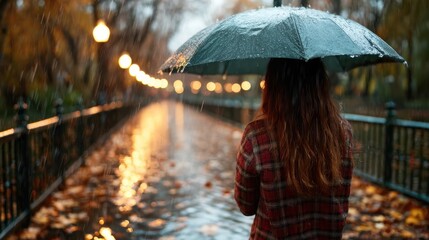 A serene scene of a person standing under an umbrella in the rain, surrounded by glowing lights and fallen leaves, capturing the beauty and melancholy of rainy days in the autumn.