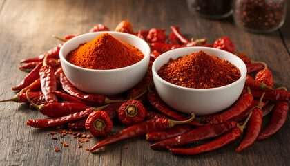 Two White Bowls of Red Spices with Dried Chilies: Rustic Culinary Spice Display