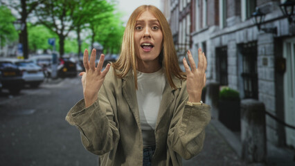 Fototapeta premium Woman redhead with hands raised and mouth open reaching toward camera on a city street wearing beige jacket and white top; alarm.