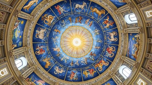 Ancient Astrological Dome Ceiling Fresco with Zodiac Signs and Celestial Art
