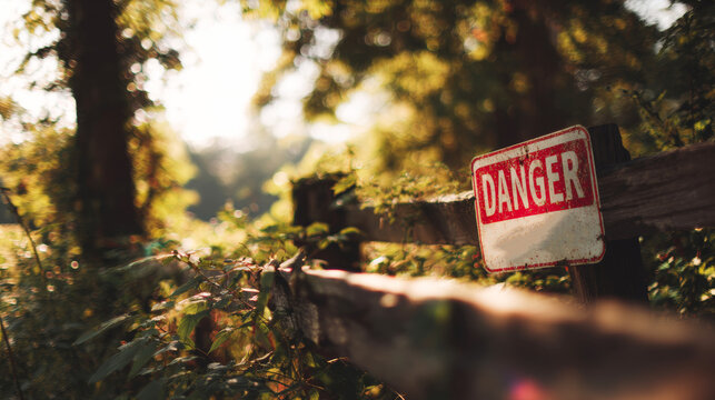 Danger sign warning visitors about private property, mounted on a rustic wooden fence in a natural, overgrown area