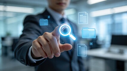 Business professional selecting search icon on virtual screen,data retrieval and document management concept with digital interface in modern office
