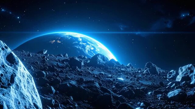 Rocky alien planet surface with a vibrant blue Earth-like world in space