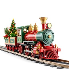 Naklejka premium Festive Christmas train illustration with red green gold engine decorated tree ornaments and presents symbolizing joyful holiday concept