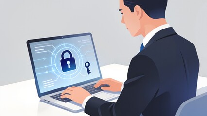 Businessman working on laptop with security icon
