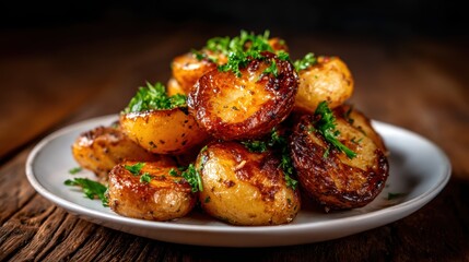 A mouthwatering display of perfectly roasted crispy potatoes garnished with fresh herbs, tempting the viewer with its golden-brown texture and nourishing appeal.