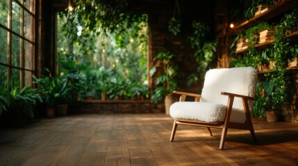 A cozy white chair surrounded by vibrant greenery, exuding a serene and inviting atmosphere, perfect for relaxation and contemplation in a tranquil environment.