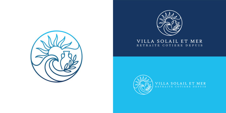 A minimalist circular emblem blending a vintage sun, sea waves, and an amphora in clean, fluid lines. It embodies the timeless elegance and tranquil essence of a classic French coastal villa.