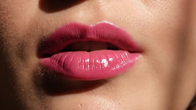 A vibrant close-up captures a person's lips, adorned with lustrous, shimmering pink gloss, creating a delightful and attractive visual. The lips are playfully puckered, conveying a sense of charm, aff
