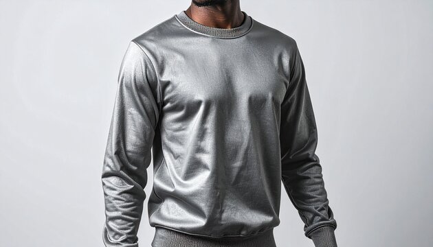 Sleek Metallic Sweater: A man models a contemporary silver metallic sweater with long sleeves, offering a modern and stylish aesthetic.