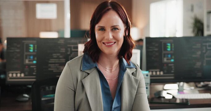 Happy, professional and face of businesswoman in office with confidence for coding career. Laugh, opportunity and portrait of mature female web developer with pride for programming job at agency.