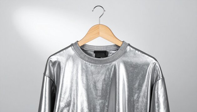 Silver Metallic T-shirt Hanging on Wooden Hanger: A striking silver metallic t-shirt with long sleeves hangs on a simple wooden hanger.