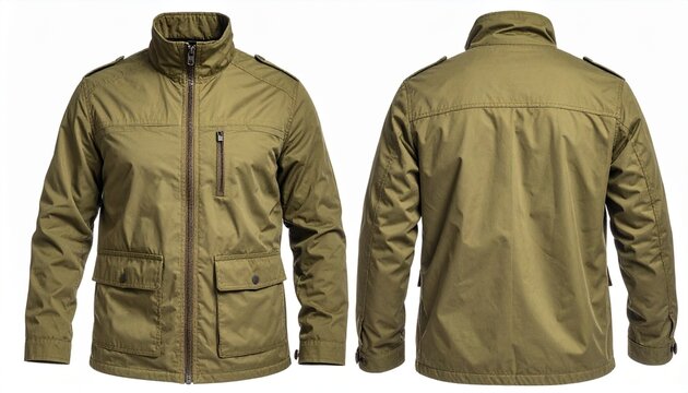 Khaki Field Jacket: A detailed front and back view of a stylish khaki field jacket with multiple pockets, zipper closure, and a high collar, showcasing its utilitarian design and durable construction.