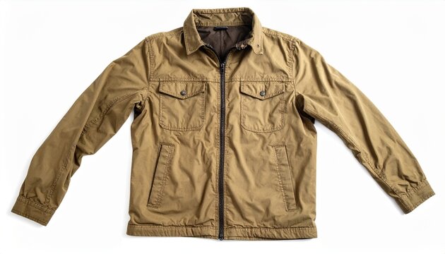 Khaki Utility Jacket: A classic khaki utility jacket with zippered front and chest pockets, laid flat on a clean surface, ready for any adventure.