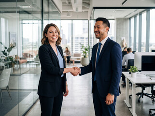 Fototapeta premium Smiling diverse business professionals shaking hands in a modern, bright office, symbolizing partnership, agreement, and success in a corporate environment.