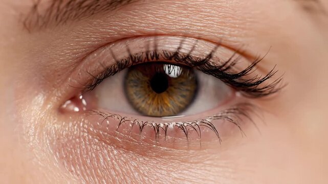 Extreme closeup macro shot of a beautiful human eye opening slowly revealing a hazel iris and detailed texture of the skin and eyelashes.
