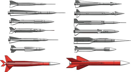 Modern military missile and rocket vector set with detailed side view weapons including tactical and strategic aerospace armaments