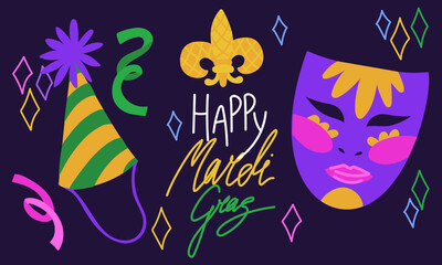 Happy Mardi Gras horizontal banner with carnival mask, festive hat and fleur de lis. Flat illustration for fat tuesday party posters, masquerade greeting cards or festival event invitations © Svetlana