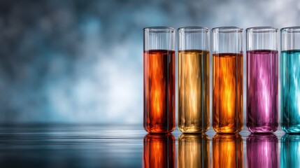 An array of colorful test tubes filled with vibrant liquids, creating a visually striking and scientific aesthetic, perfect for laboratory or educational thematic representations.