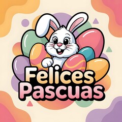 Felices Pascuas lettering Spanish Happy Easter typography b with Easter eggs flowers and with bunny ears calligraphy text for congratulation festive greetings Banner social media poster
