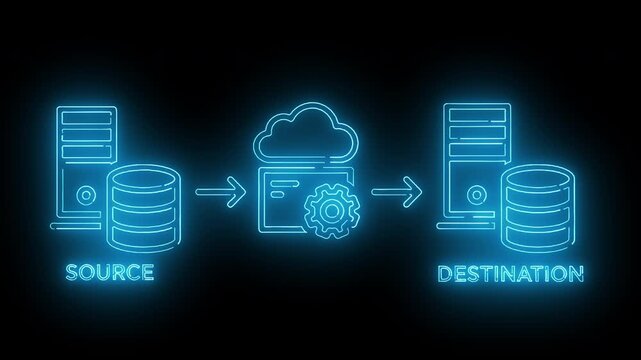 Neon-lit illustration of data transfer from source to destination through cloud storage with glowing blue lines and icons on a black background.