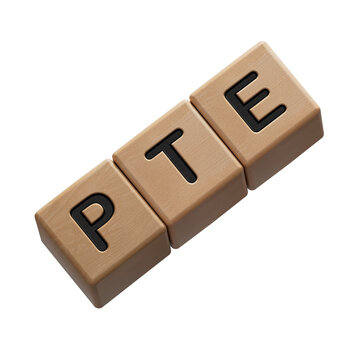 Three wooden blocks with the letters PTE.close up of wooden elements,Business Concept.Supports PNG files with transparent backgrounds.
