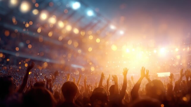 Crowd of people with hands raised in air enjoying a concert at a stadium, bright stage lights and bokeh effect for live music event.