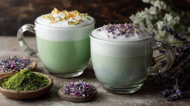 Two warm matcha and butterfly pea flower lattes with foam and garnish. Comfort winter drinks for cozy mood and wellness.