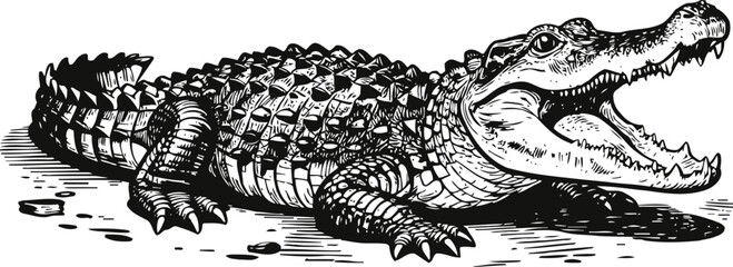 Fototapeta premium black and white illustration of a crocodile with open mouth on textured ground, detailed reptile drawing