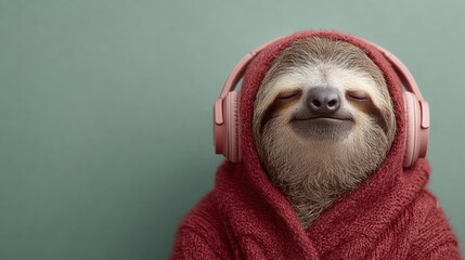 Fototapeta premium A chill sloth draped in a cozy red hoodie wearing headphones looks peacefully content, embodying relaxation and comfort in a playful and whimsical manner on a soft green backdrop.