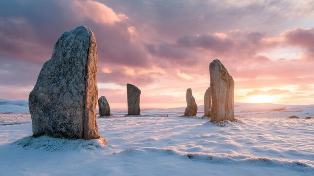 Ancient stone circle covered in snow at sunset. Mysterious prehistoric monument landscape for travel and history blog. Historical site view.