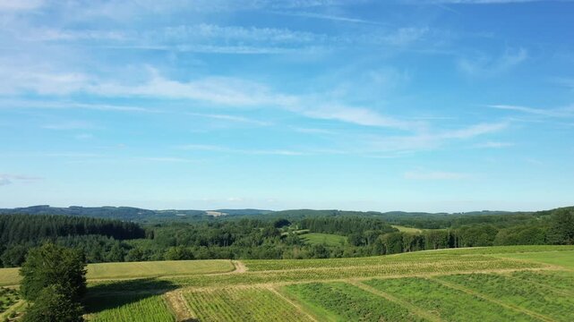 Scenic view of green fields and forested hills under a clear blue sky in the Morvan countryside, France. Peaceful rural landscape with lush vegetation and open space.