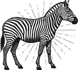 Obraz premium zebra side view illustration with radiant lines background, black and white striped wild animal drawing