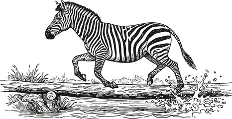 Obraz premium Zebra crossing water stream with splash wild african animal running over fallen log in nature